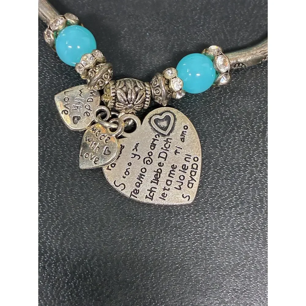 Turquoise Charm Bracelet with “I Love You” Heart Charms – Made with Love, Boho